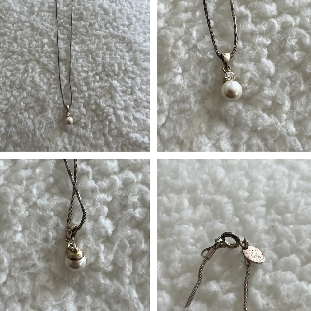 Necklace Pearl. Pearl pendant necklace with faux stone. Silver tone